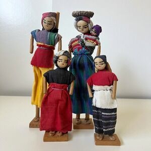 Vintage Guatemalan Folk Art Textile Dolls Handmade Figurines Set of 4